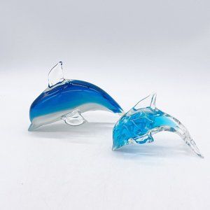 Art Glass Blue White Clear Dolphins Porpoise Lot 2 Mama Baby
